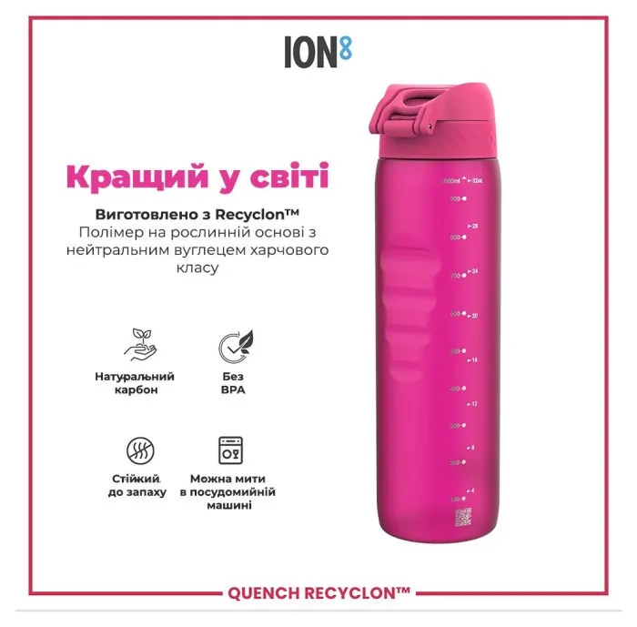 Картофель для воды ION8 1000 мл. (ЭКО бутылка) BPA Free, Pink