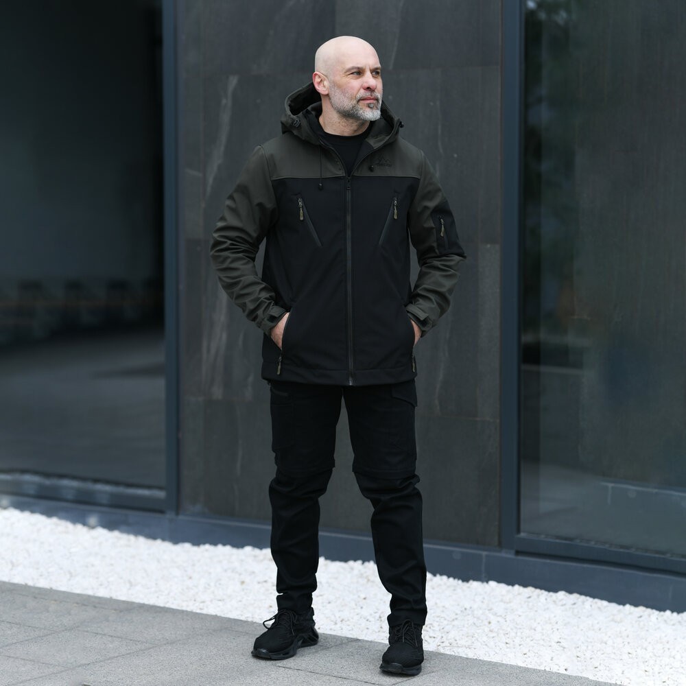 Куртка мужская демисезонная с капюшоном черная-хаки Pobedov Korol' Lev