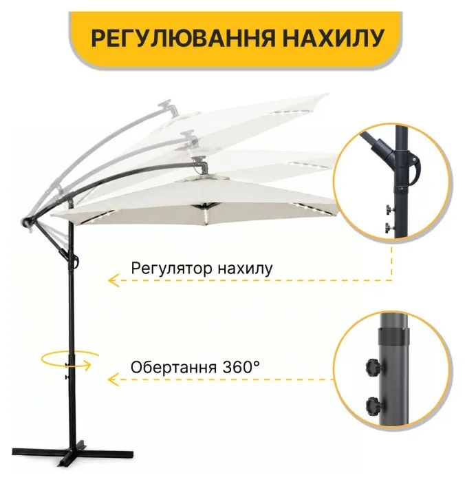 Складна садова парасоля з боковим подовжувачем та LED підсвіткою LEOBRO Бежева (LB-1084)