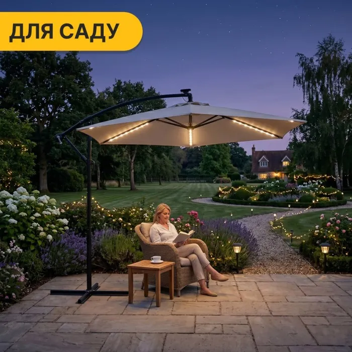 Складна садова парасоля з боковим подовжувачем та LED підсвіткою LEOBRO Бежева (LB-1084)