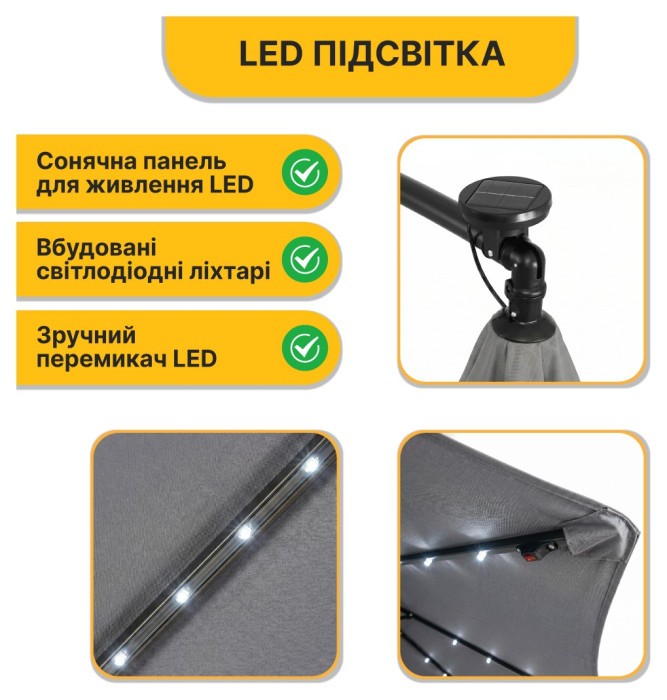 Складна садова парасоля з боковим подовжувачем та LED підсвіткою LEOBRO Сіра (LB-1083)