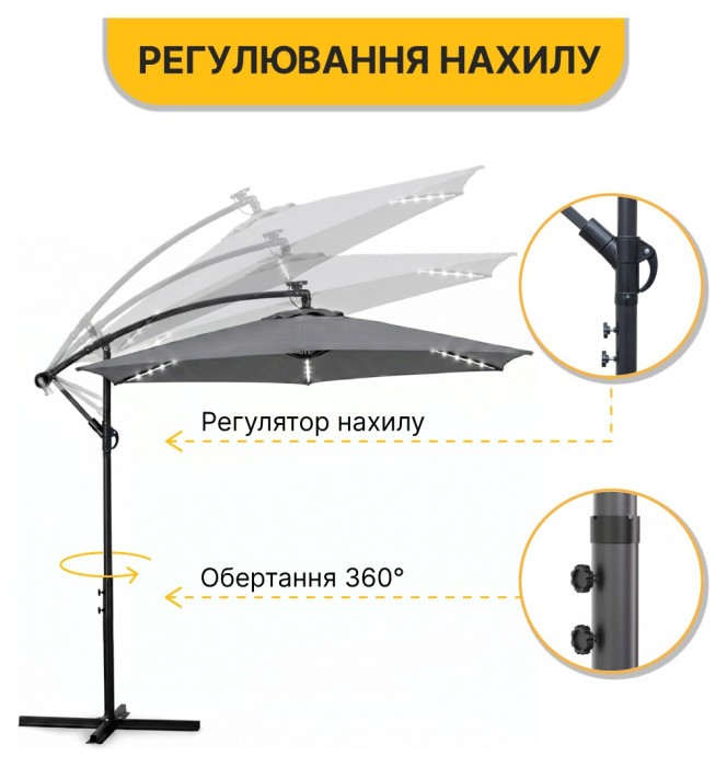 Складна садова парасоля з боковим подовжувачем та LED підсвіткою LEOBRO Сіра (LB-1083)