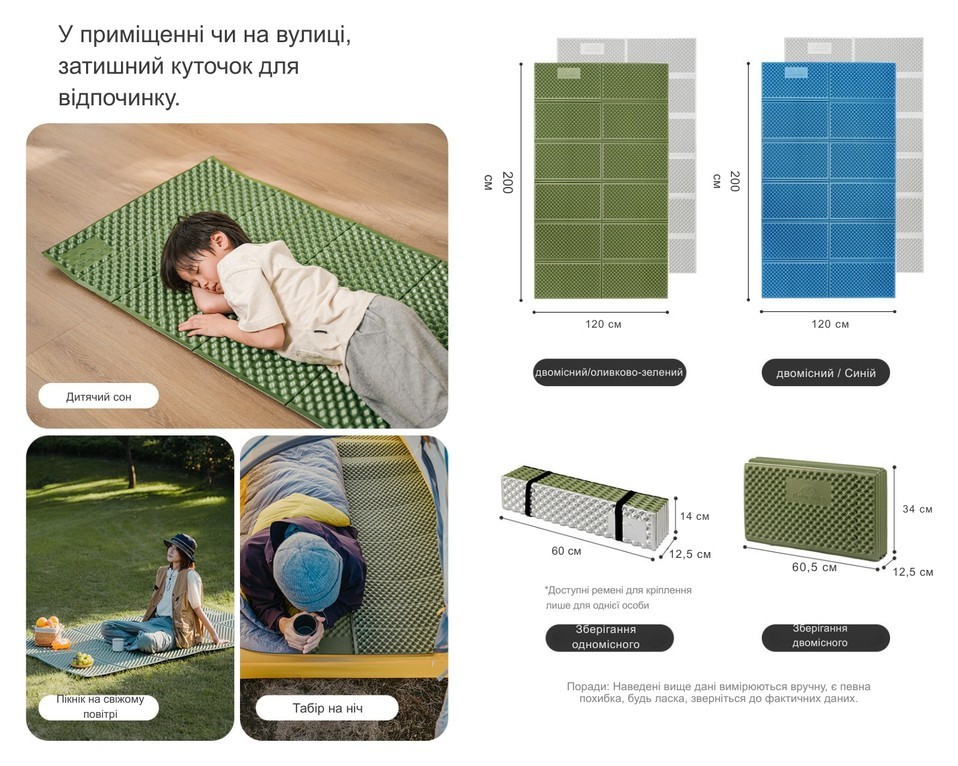 Килимок туристичний складаний двомісний IXPE Naturehike CNK2450WS044 з алюмінієвою плівкою, 200x120x1.8 см, синій, укр, укр