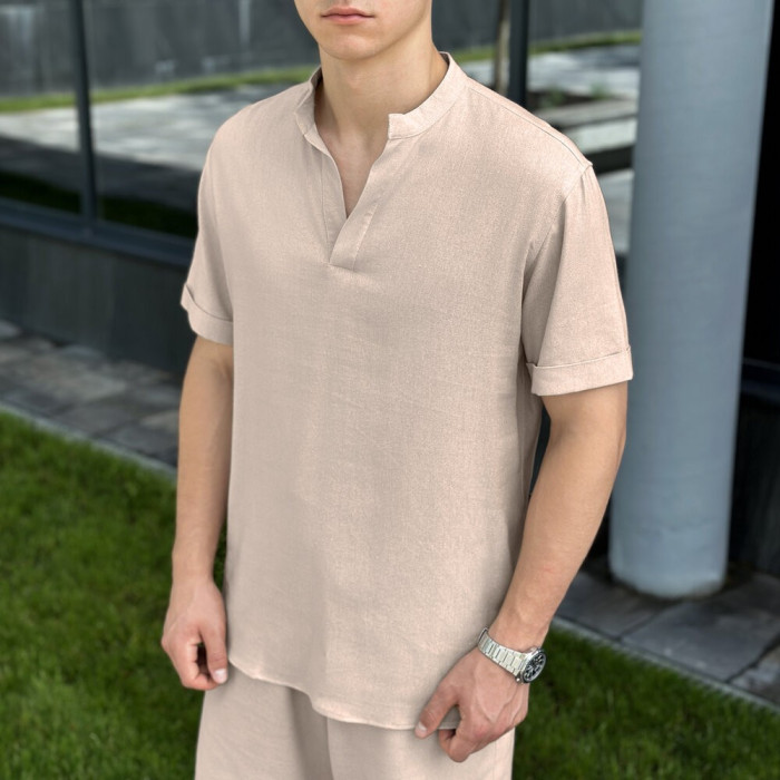 Кремовая льняная рубашка для мужчин с коротким рукавом Pobedov Misto