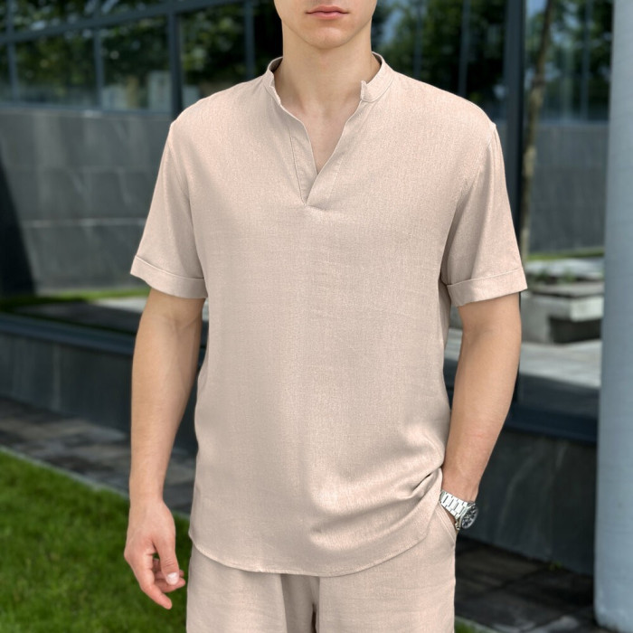 Кремовая льняная рубашка для мужчин с коротким рукавом Pobedov Misto