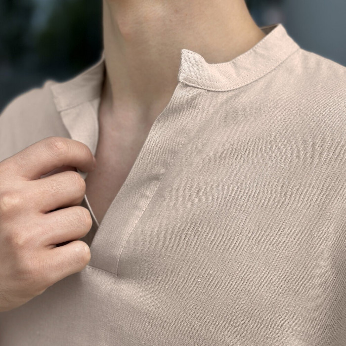 Кремовая льняная рубашка для мужчин с коротким рукавом Pobedov Misto