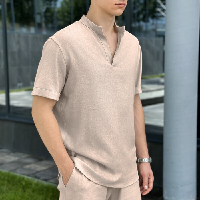 Кремовая льняная рубашка для мужчин с коротким рукавом Pobedov Misto