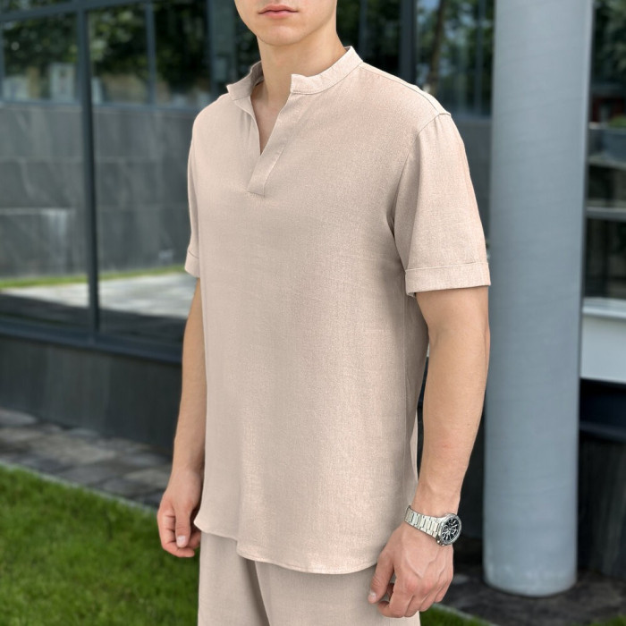 Кремовая льняная рубашка для мужчин с коротким рукавом Pobedov Misto