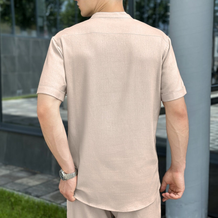 Кремовая льняная рубашка для мужчин с коротким рукавом Pobedov Misto