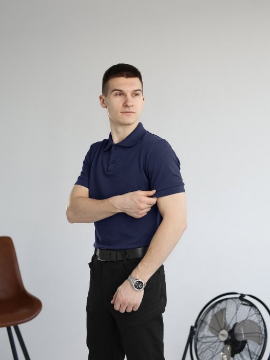 Темно-синє чоловіче класичне поло на ґудзиках Pobedov. Футболка поло Pobedov Royal синя, укр, укр