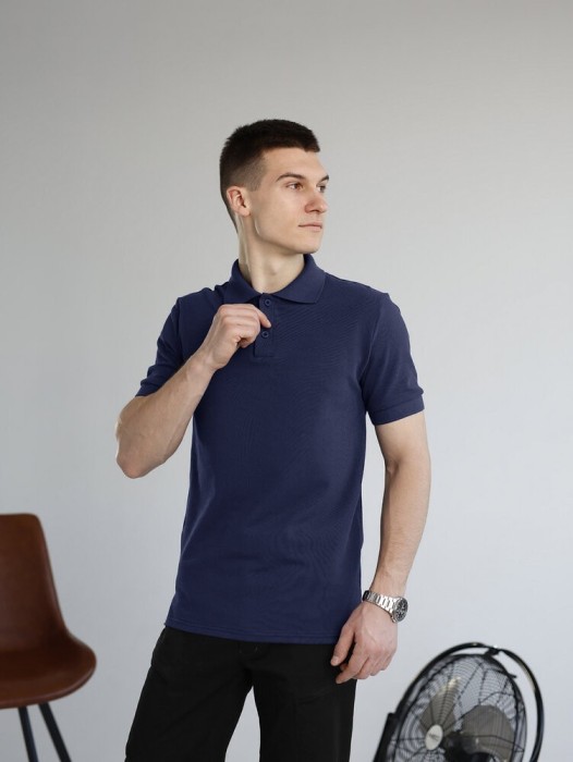 Темно-синє чоловіче класичне поло на ґудзиках Pobedov. Футболка поло Pobedov Royal синя, укр, укр