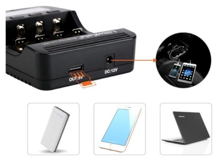 Универсальное интеллектуальное зарядное устройство для Liitokala Lii-500 EU на 4 канала + автомобильный кабель