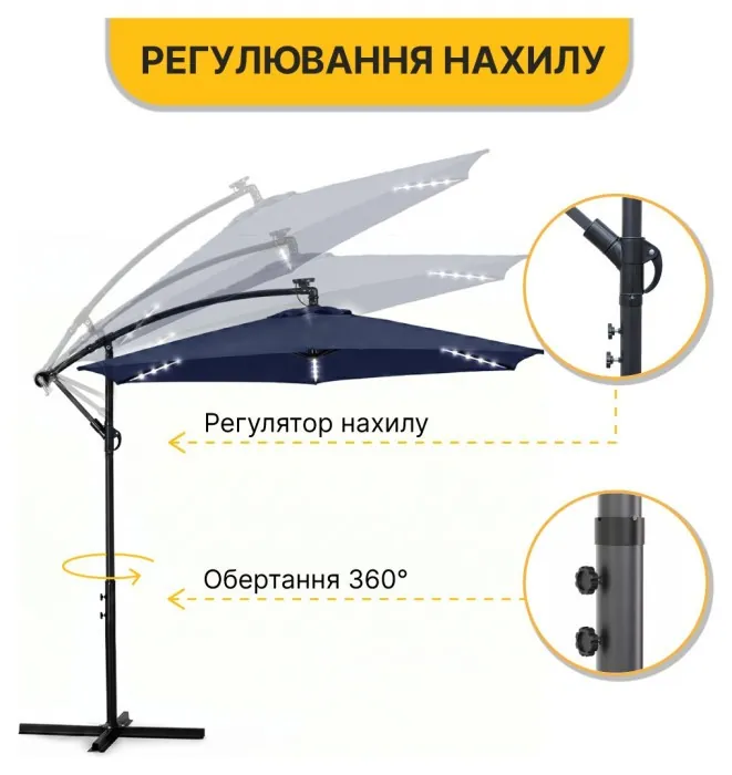 Складна садова парасоля з боковим подовжувачем та LED підсвіткою LEOBRO Синя (LB-1086)