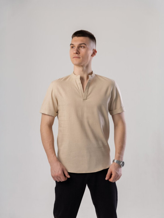 Темная бежевая льняная рубашка для мужчин с коротким рукавом Pobedov Misto