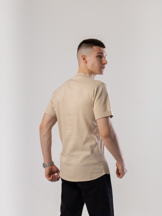 Темная бежевая льняная рубашка для мужчин с коротким рукавом Pobedov Misto