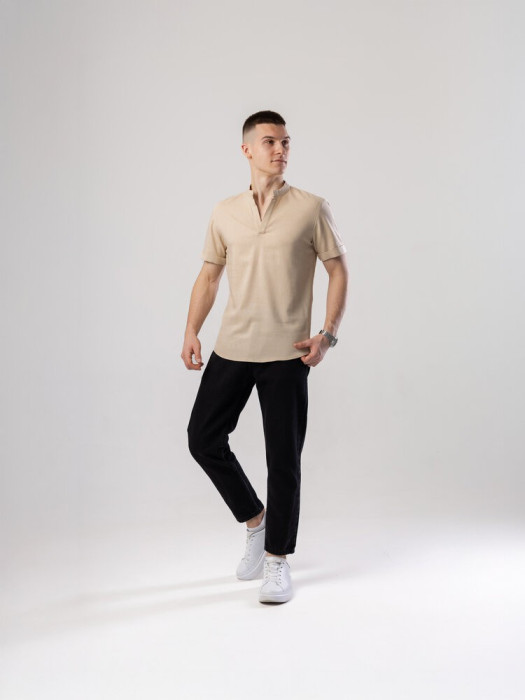 Темная бежевая льняная рубашка для мужчин с коротким рукавом Pobedov Misto