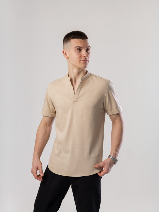 Темная бежевая льняная рубашка для мужчин с коротким рукавом Pobedov Misto