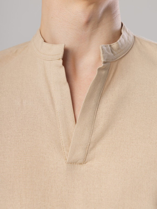 Темная бежевая льняная рубашка для мужчин с коротким рукавом Pobedov Misto