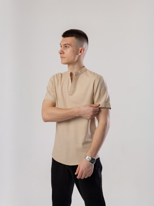 Темная бежевая льняная рубашка для мужчин с коротким рукавом Pobedov Misto