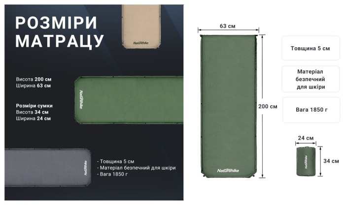 Матрац cамонадувний 5 см Naturehike NH20DZ003, темно-зелений, укр, укр
