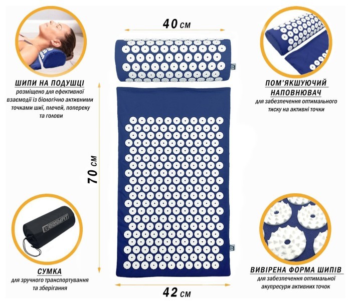 Масажний килимок Easyfit з подушкою (аплікатор Кузнєцова) Синій з білим