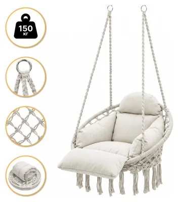 Подвесное плетеное кресло-качалка LEOBRO Boho Deluxe Pro XL 80 см Cream (LB-1143)
