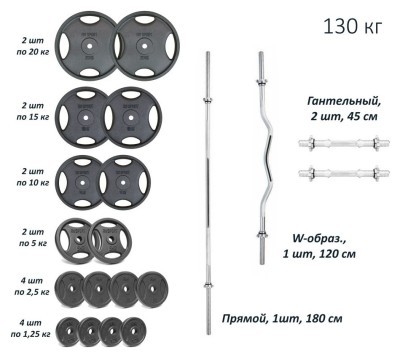 Набор штанги с гантелями. 4 грифа + 115 кг металлических дисков RN-Sport