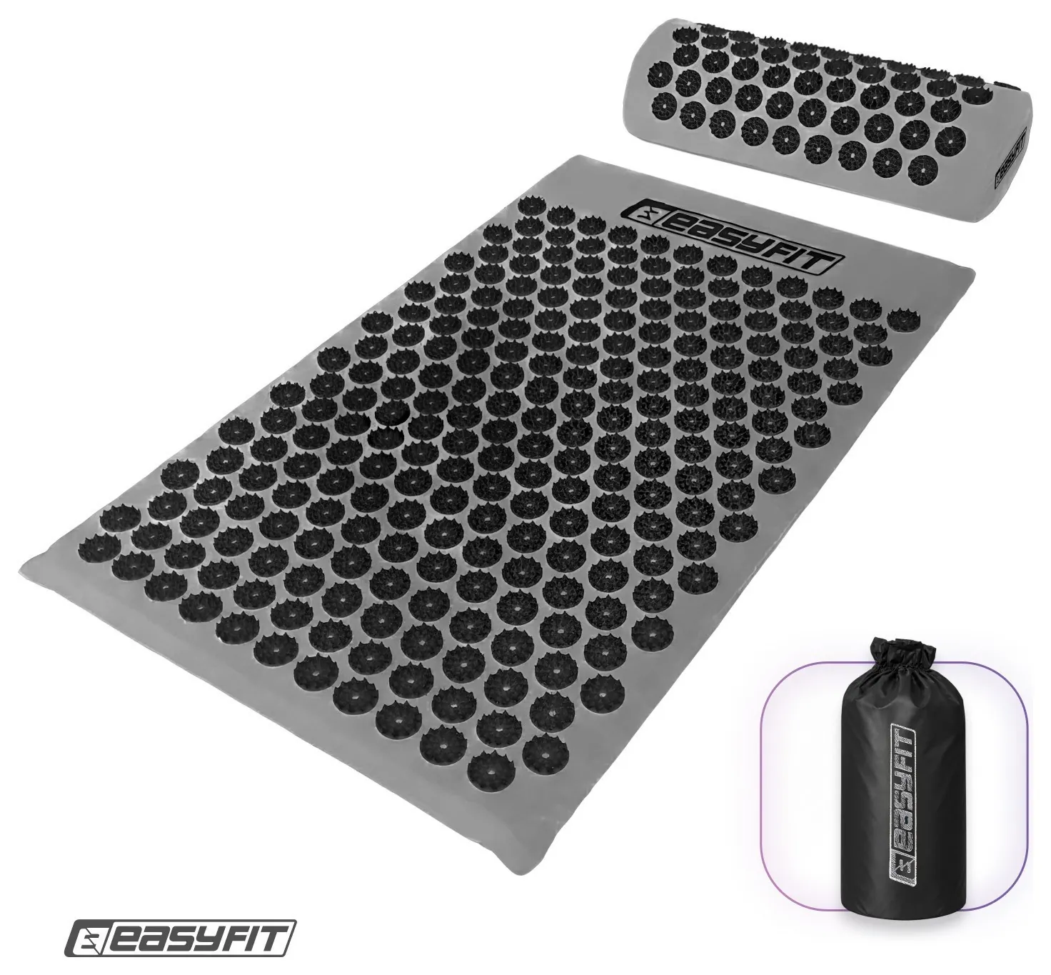 Масажний килимок Easyfit з подушкою (аплікатор Кузнєцова) Сірий з чорним (Сірий)