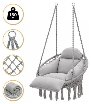 Подвесное плетеное кресло-качалка LEOBRO Boho Deluxe Pro XL 80 см Grey (LB-1144)