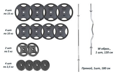 Набор штанги с гантелями. 4 грифа + 120 кг металлических дисков RN-Sport