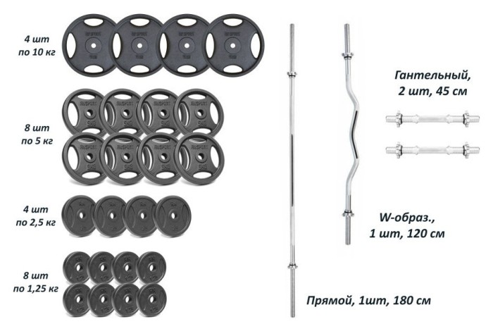 Набор штанги с гантелями. 4 грифа + 100 кг металлических дисков RN-Sport