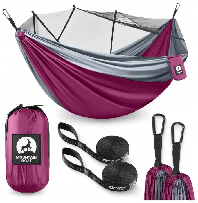 Туристический гамак Mountain Goat 300 x 200 см с москитной сеткой, двухместный, подвесной Pink/Grey (P-5905973408080)