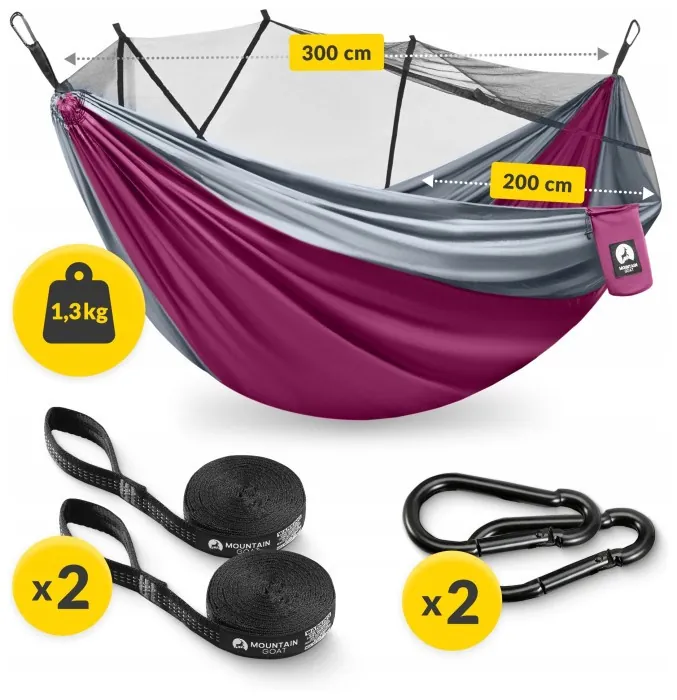Туристический гамак Mountain Goat 300 x 200 см с москитной сеткой, двухместный, подвесной Pink/Grey (P-5905973408080)