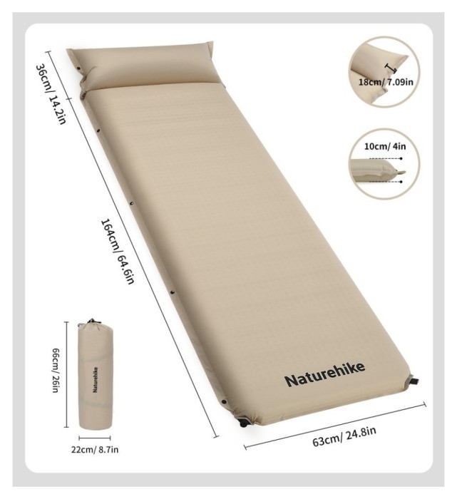 Матрац з подушкою ортопедичний одномісний  Naturehike CNK2450WS020, самонадувний, 200х63х10 см, бежевий