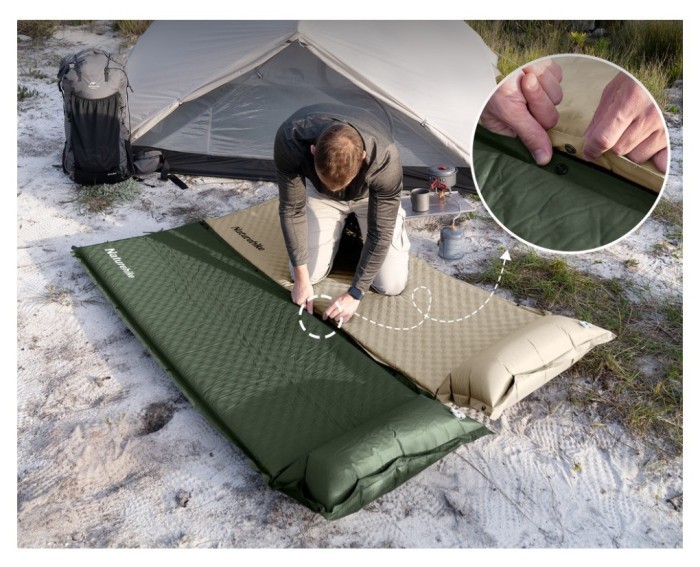 Матрац з подушкою ортопедичний одномісний  Naturehike CNK2450WS020, самонадувний, 200х63х10 см, бежевий