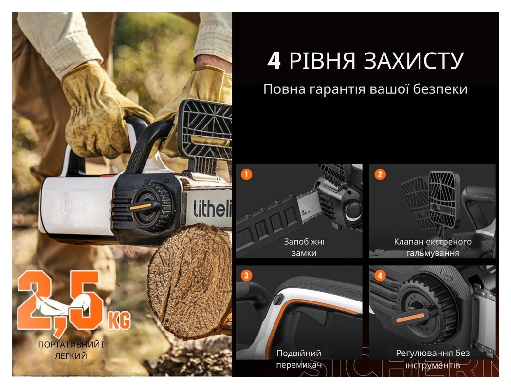 Аккумуляторная цепная пила Litheli, питание от павербанка (2 шт. УМБ Litheli Power Bank 10000 mAh, 45 W, 2А в комплекте)