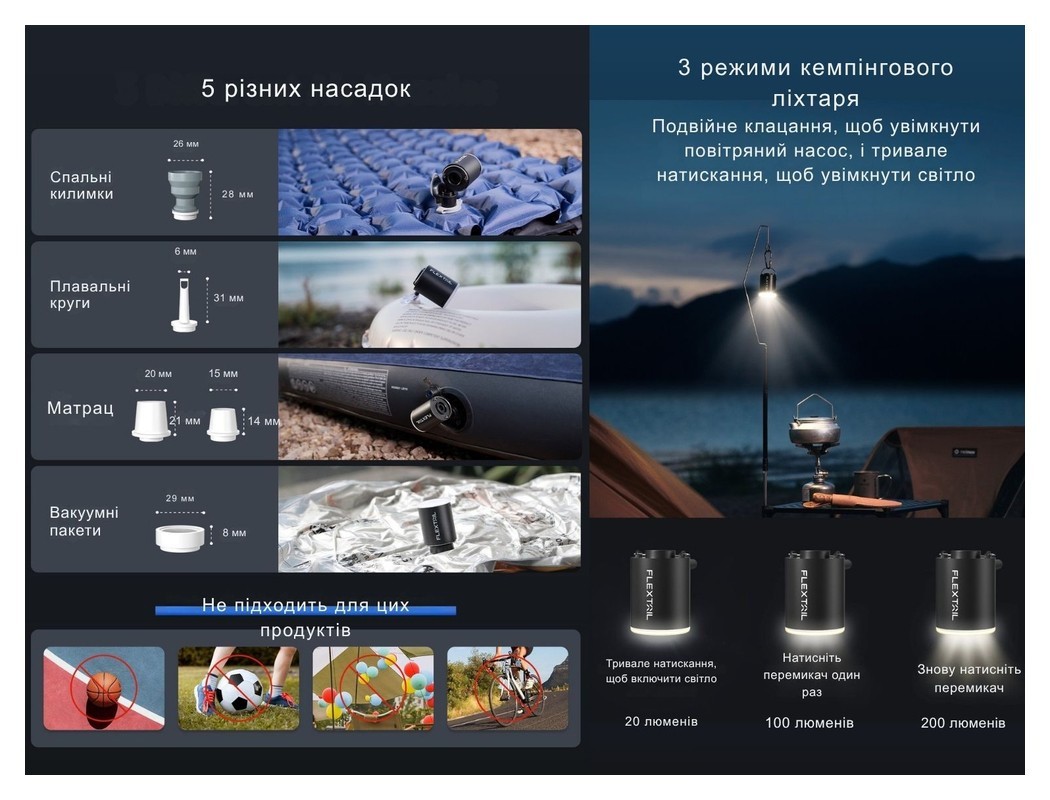Насос-ліхтар кемпінговий Flextail Tiny Pump Х, чорний, укр, укр