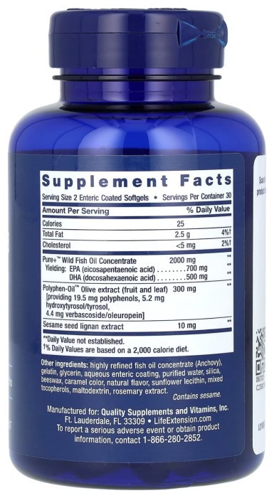 Super Omega-3 EPA/DHA Fish Oil Sesame Lignans & Olive Extract Enteric Coated - 60 softgels