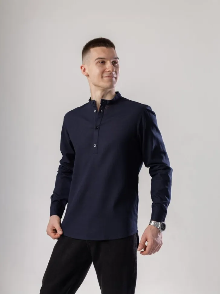 Сорочка з льону чоловіча синя однотонна. Сорочка casual на ґудзиках синя Pobedov Exlnt (L)