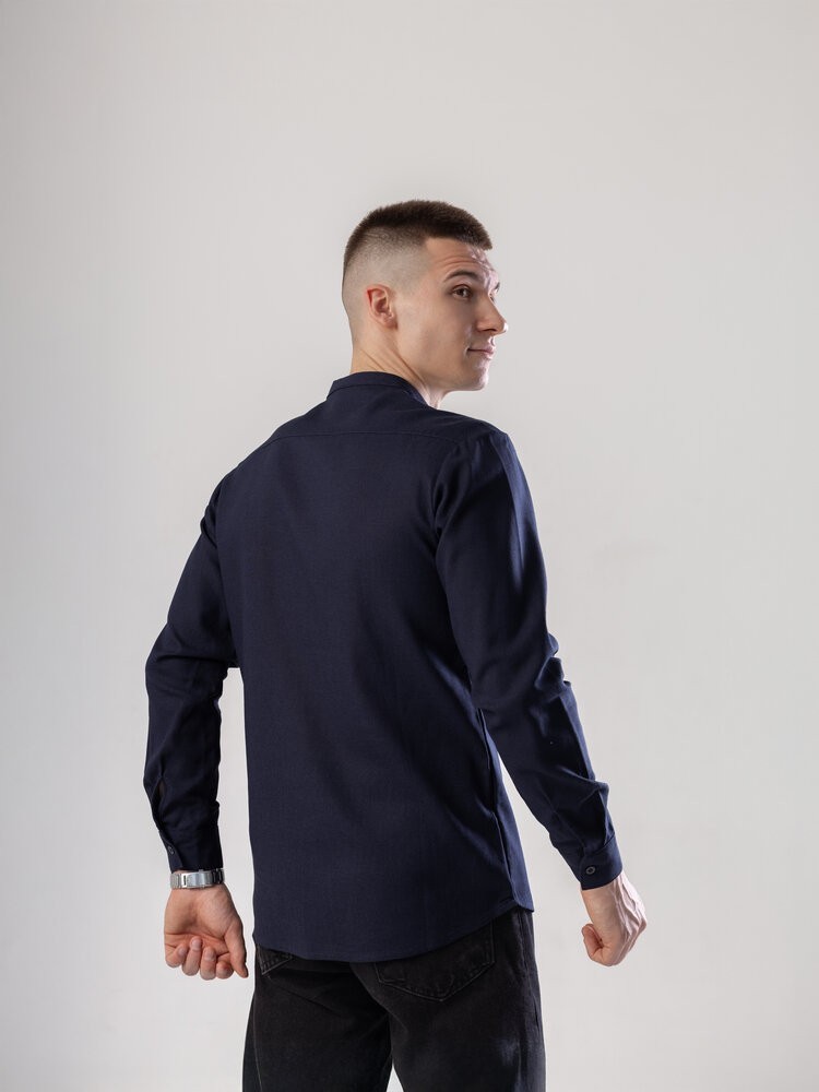 Рубашка из льна мужская синяя однотонная. Рубашка casual на пуговицах синяя Pobedov Exlnt