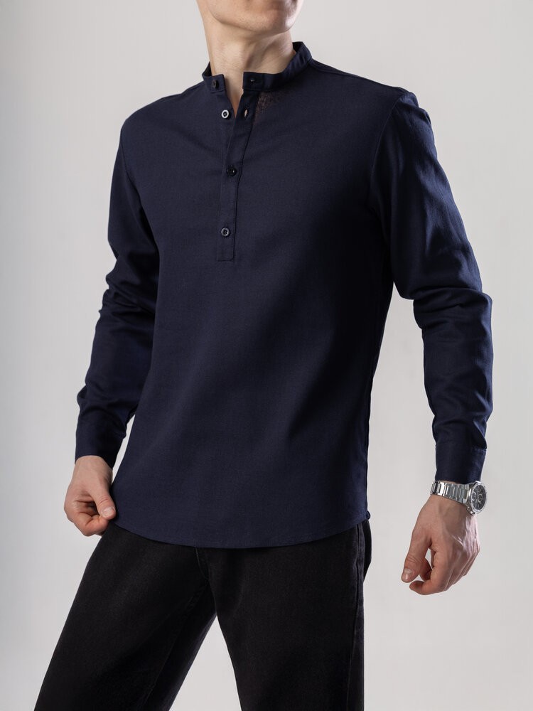 Сорочка з льону чоловіча синя однотонна. Сорочка casual на ґудзиках синя Pobedov Exlnt, укр, укр