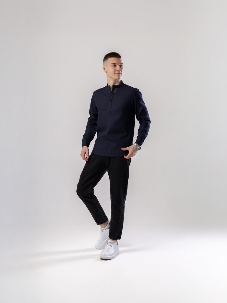 Сорочка з льону чоловіча синя однотонна. Сорочка casual на ґудзиках синя Pobedov Exlnt, укр, укр