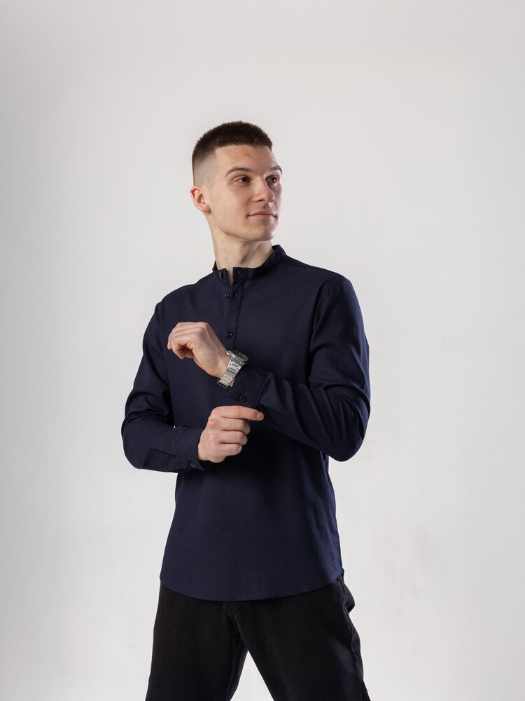 Сорочка з льону чоловіча синя однотонна. Сорочка casual на ґудзиках синя Pobedov Exlnt, укр, укр