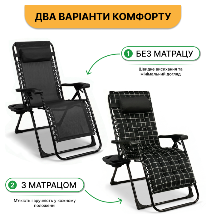 Розкладний посилений шезлонг до 150 кг LEOBRO Zero Gravity Premium Plus з велюровим матрацом (LB-ZGC-K3-PAT)