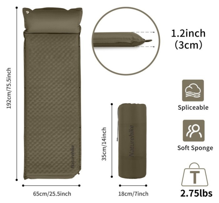 Килимок самонадувний одномісний з подушкою Naturehike CNK2300DZ014, 30мм, темно-зелений