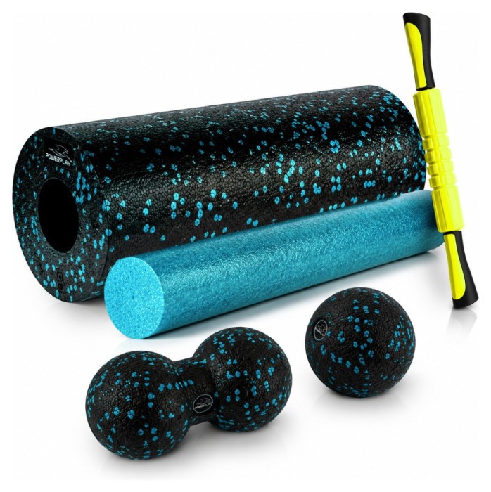 Массажний набір PowerPlay PP_4015 EPP Foam Roller Set 4in1 (2-а ролі + 2-а м'ячі) Чорно-бірюзовий