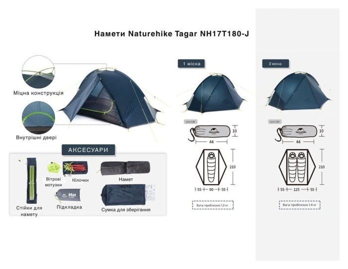 Намет двомісний Naturehike Tagar NH17T180-J, темний зелений, укр, укр