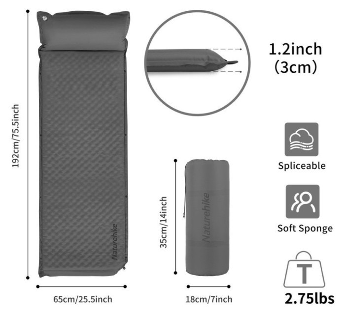 Килимок самонадувний одномісний з подушкою Naturehike CNK2300DZ014, 60мм, графіт