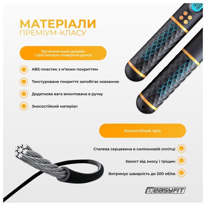 Розумна скакалка EasyFit SmartRope 3 м з утяжнювачами (бездротова), укр, укр