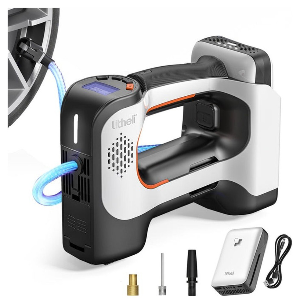 Акумуляторний компресор Litheli з ліхтарем, живлення від павербанку (УМБ Litheli Power Bank 20000 mAh, 45 W, 2А в комплекті), укр, укр